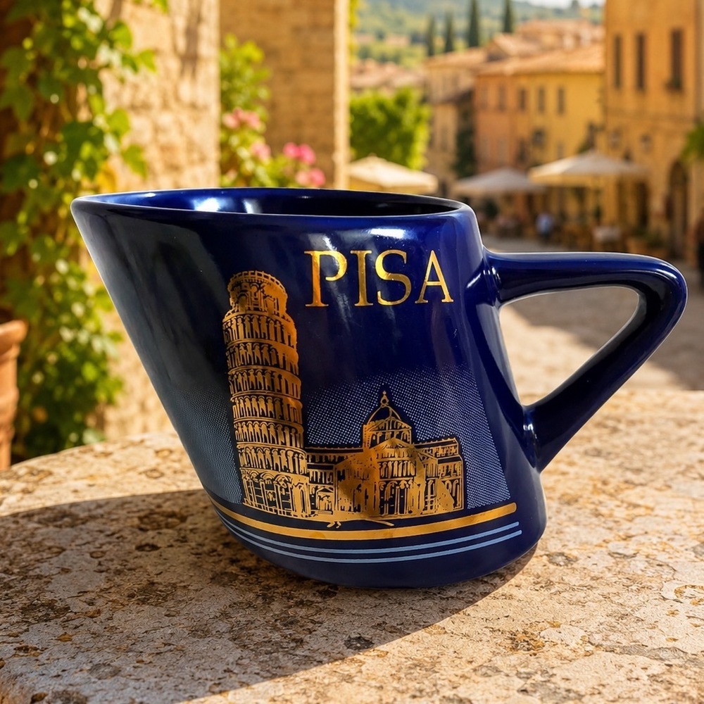 Pisa Italy Souvenir Mug‎ Blue Gold Leaning Tower Ceramic Coffee Cup Unique Shape